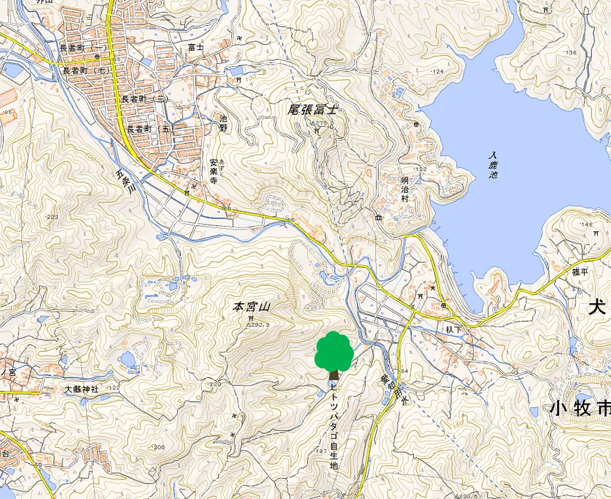 犬山市のヒトツバタゴ自生地の地図